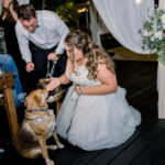 Bride and Groom sharing first slice of cake with puppies at private estate in Naples, FL
